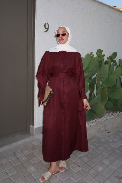 PELERİN DETAYLI ELBİSE 31-3363 - BORDO