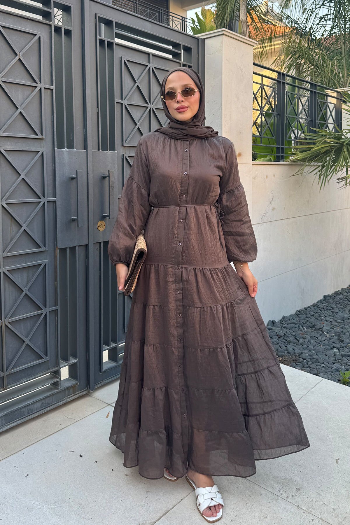 ASTARLI VUAL ELBİSE 31-3341 - KAHVERENGİ