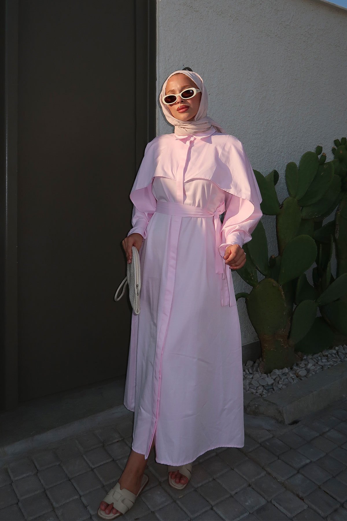 PELERİN DETAYLI ELBİSE 31-3363 - PUDRA