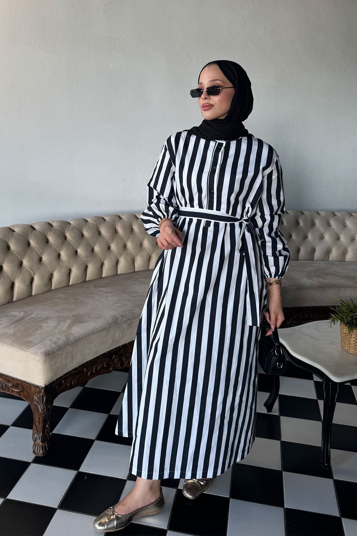 KEMERLİ UZUN ELBİSE 9-51524 - SİYAH