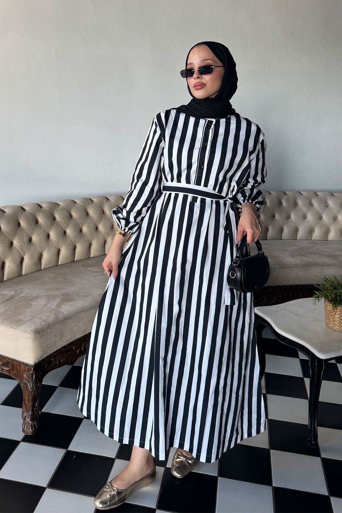 KEMERLİ UZUN ELBİSE 9-51524 - SİYAH