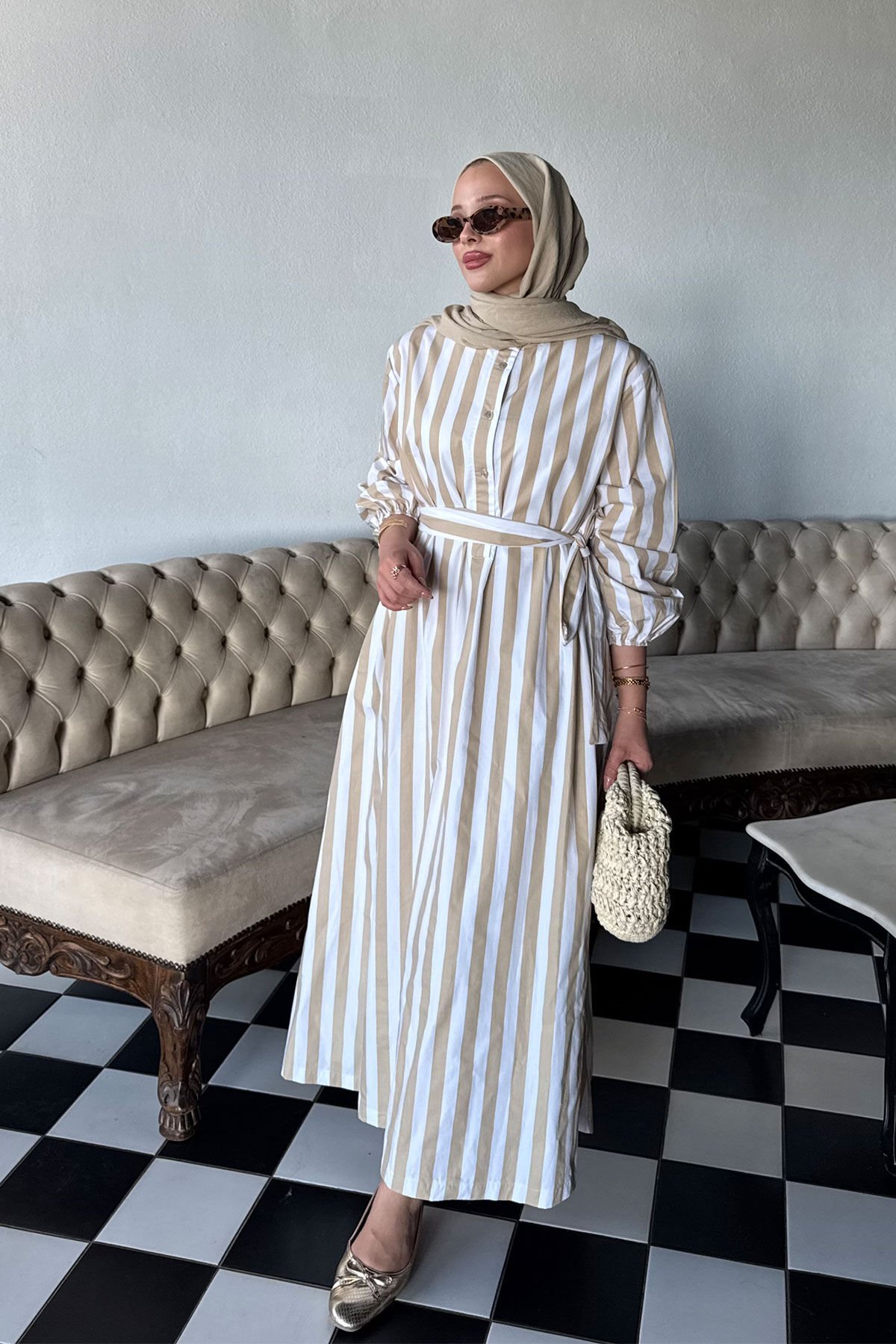 KEMERLİ UZUN ELBİSE 9-51524 - VİZON