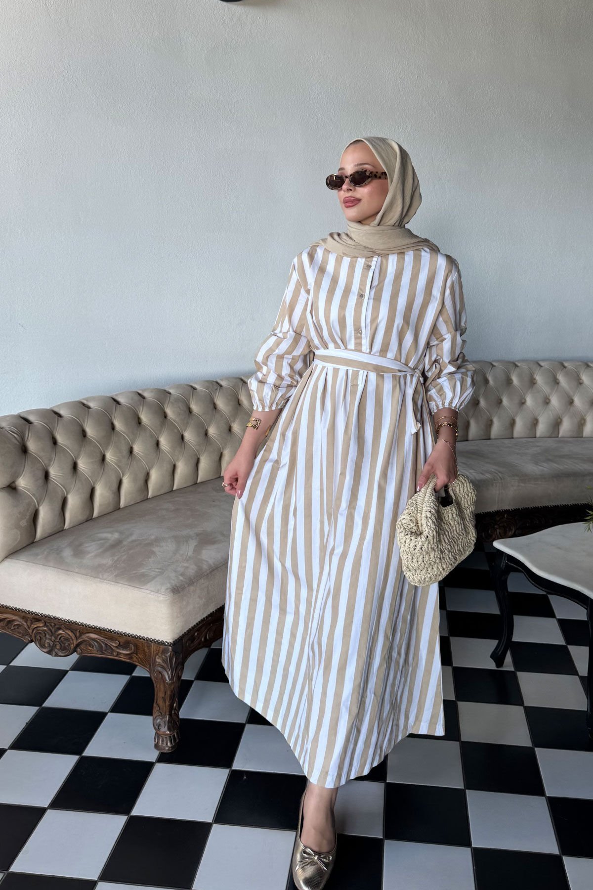 KEMERLİ UZUN ELBİSE 9-51524 - VİZON