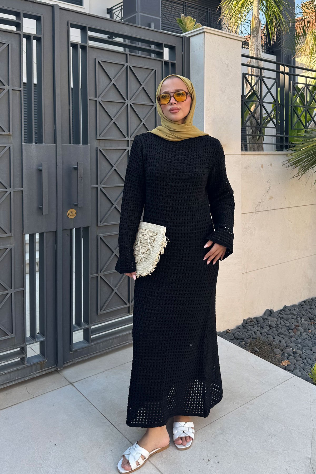 ASTARLI DESENLİ TRIKO ELBİSE 67-2221 - SİYAH