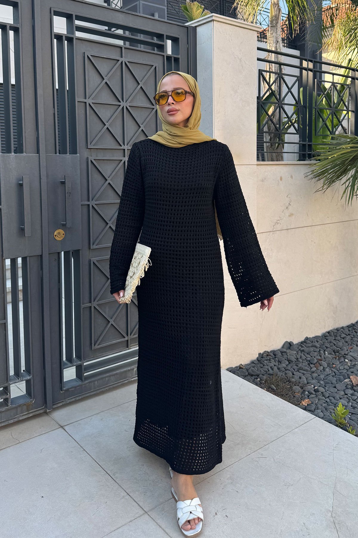 ASTARLI DESENLİ TRIKO ELBİSE 67-2221 - SİYAH