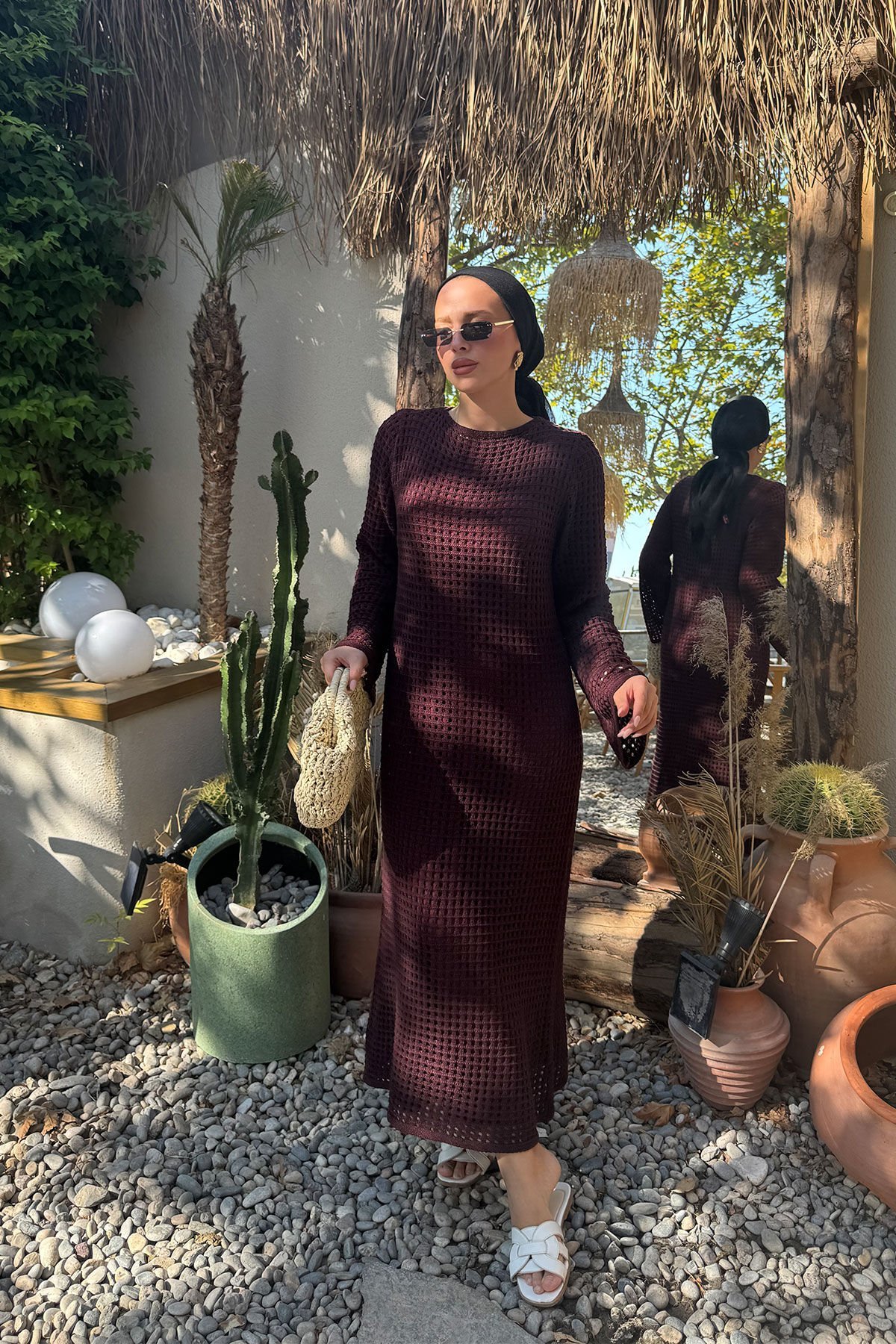 ASTARLI DESENLİ TRIKO ELBİSE 67-2221 - BORDO