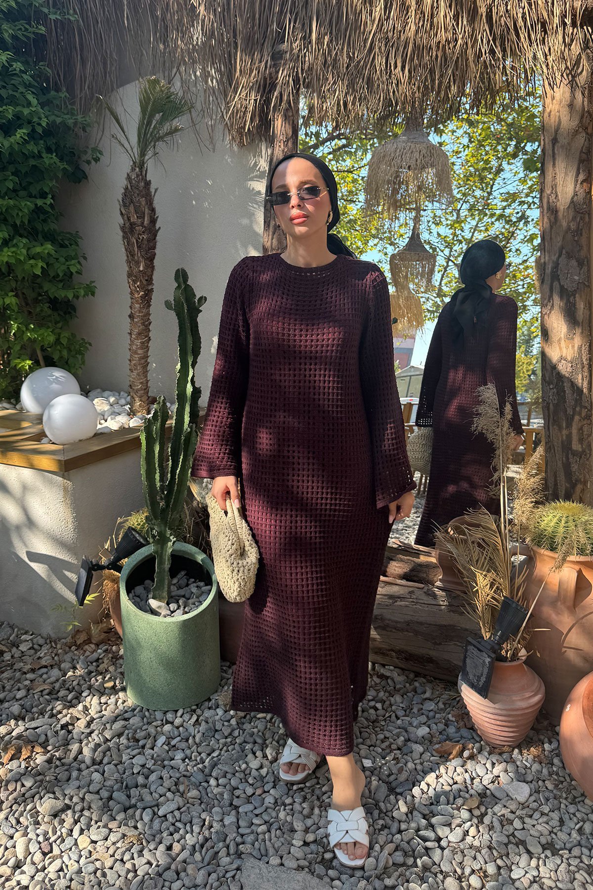 ASTARLI DESENLİ TRIKO ELBİSE 67-2221 - BORDO