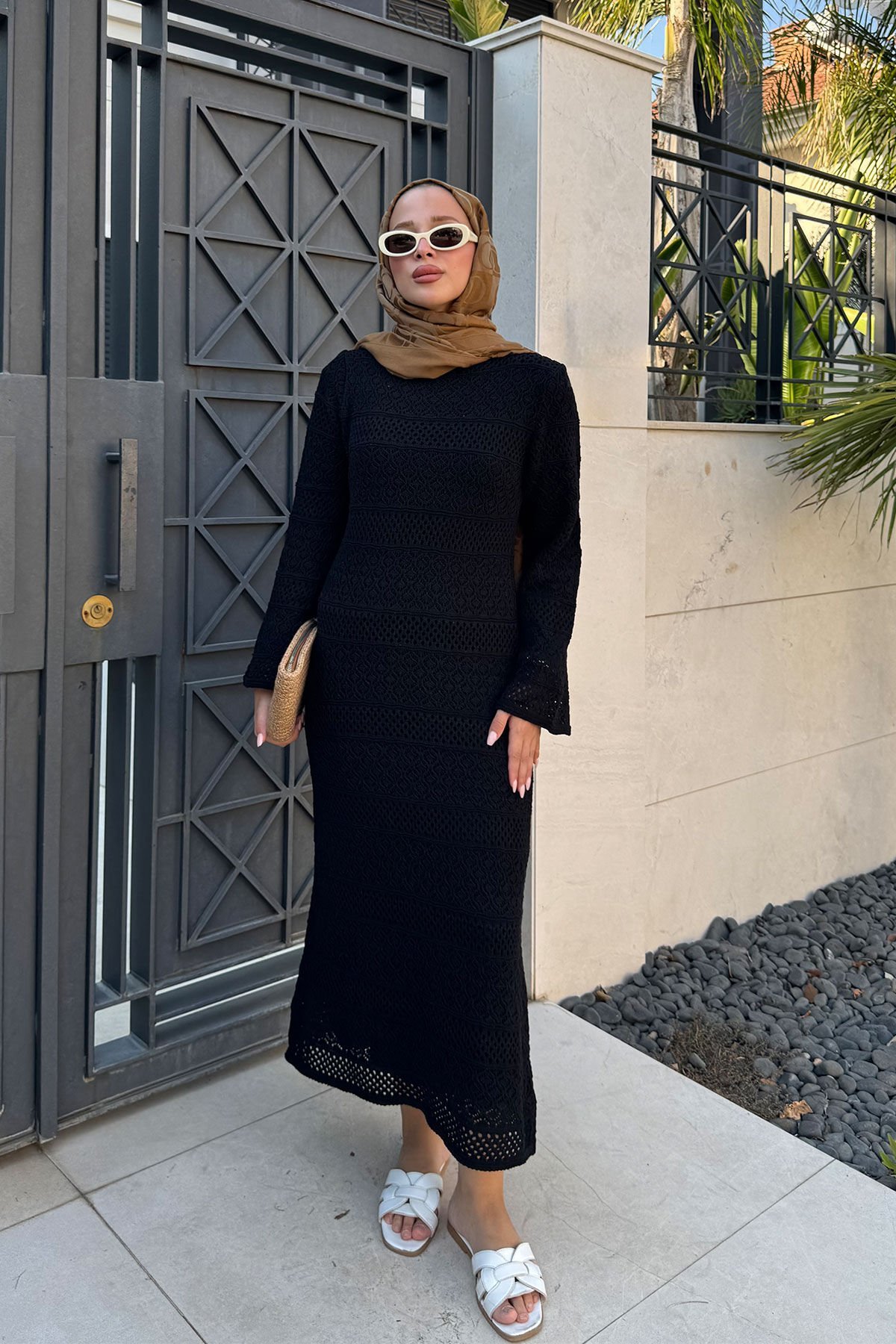 ASTARLI DESENLİ TRIKO ELBİSE 67-2223 - SİYAH