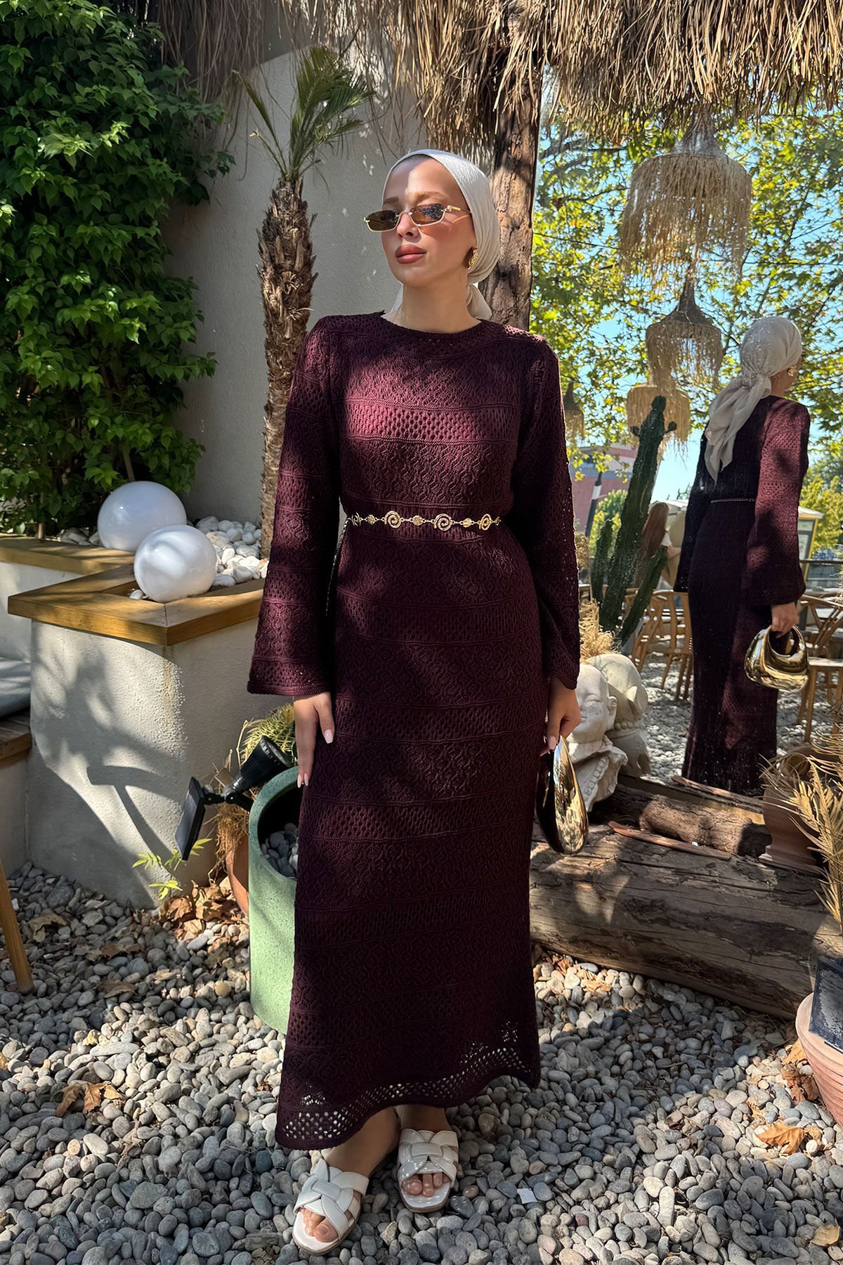 ASTARLI DESENLİ TRIKO ELBİSE 67-2223 - BORDO