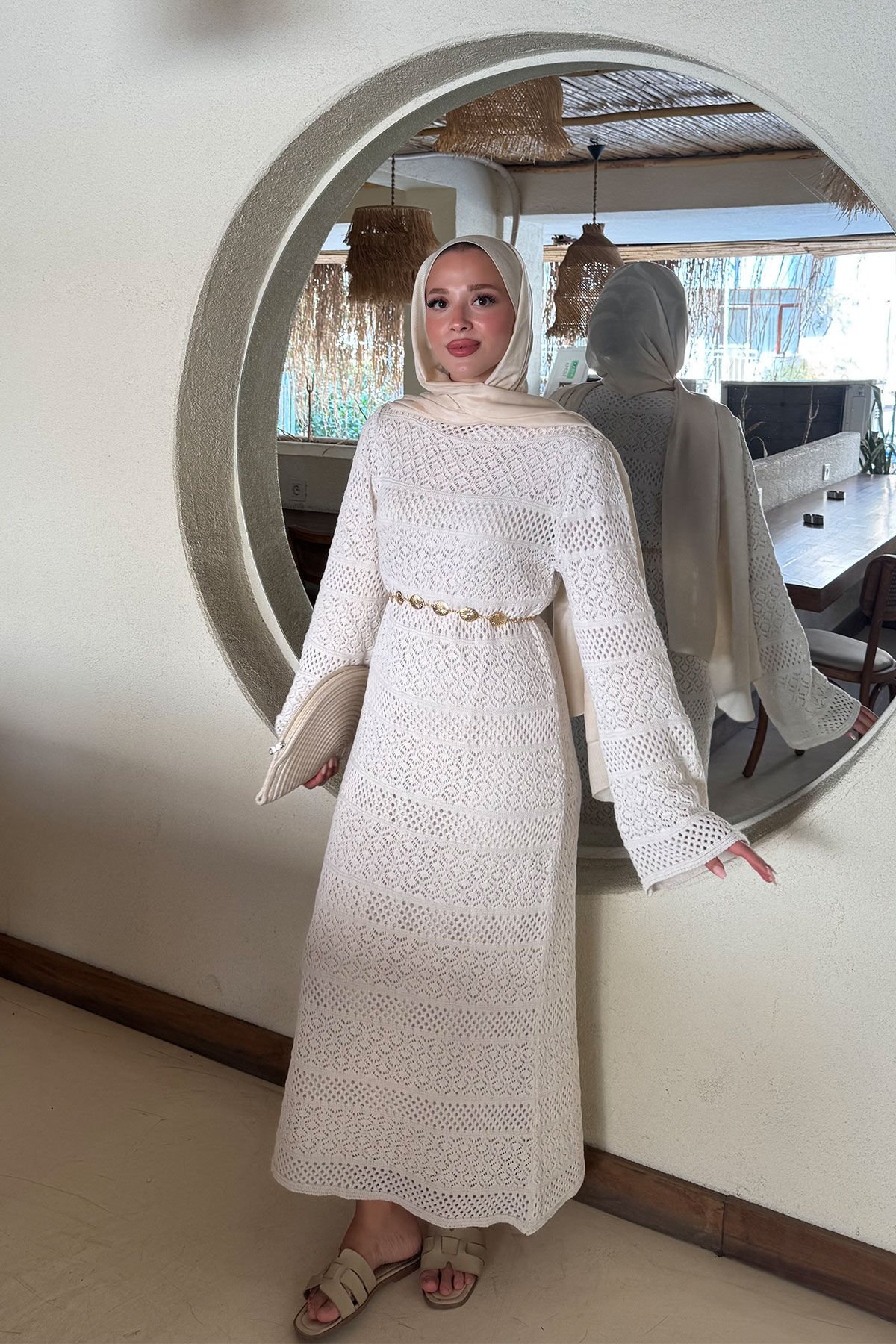 ASTARLI DESENLİ TRIKO ELBİSE 67-2223 - BEJ