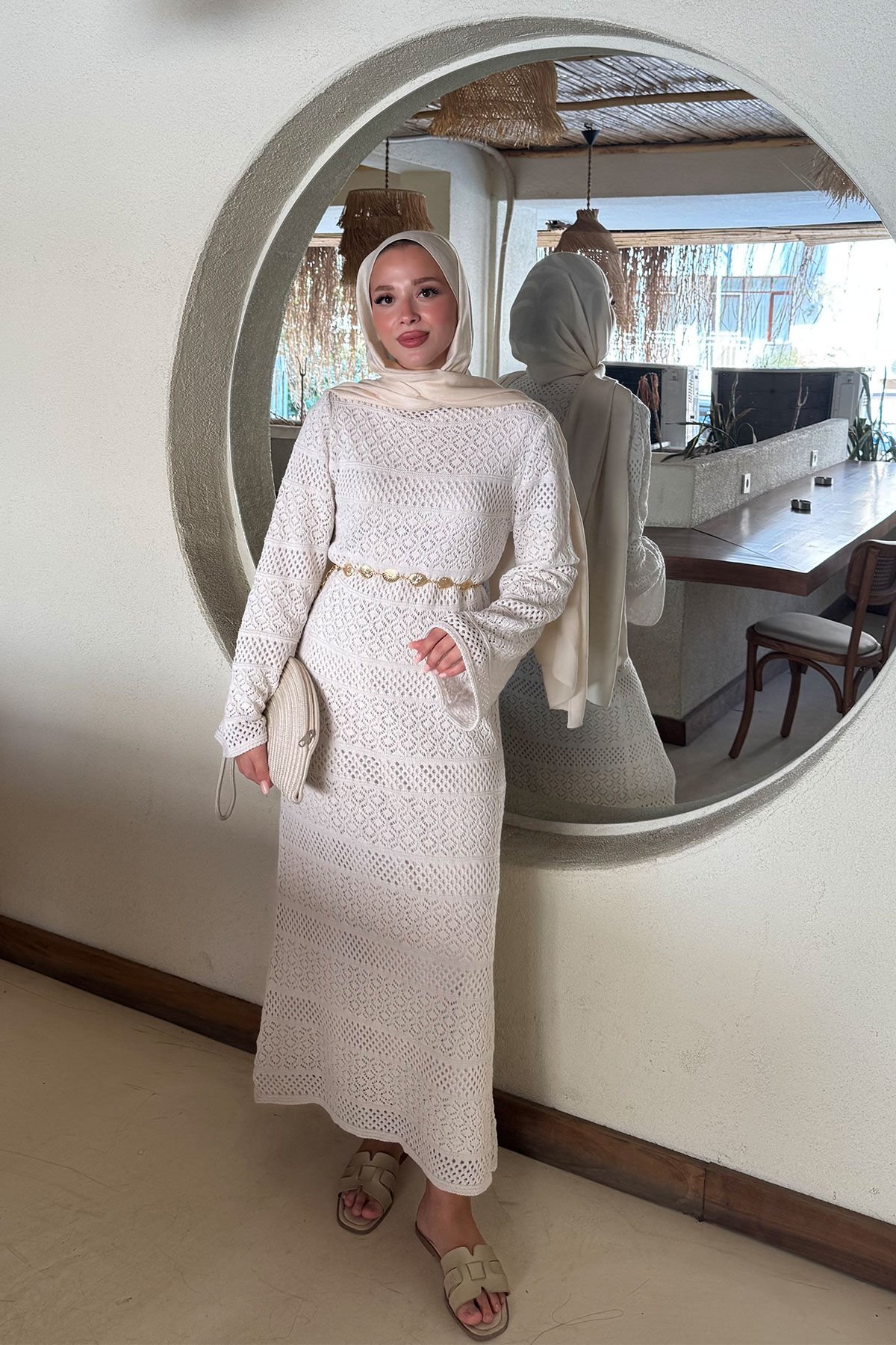 ASTARLI DESENLİ TRIKO ELBİSE 67-2223 - BEJ