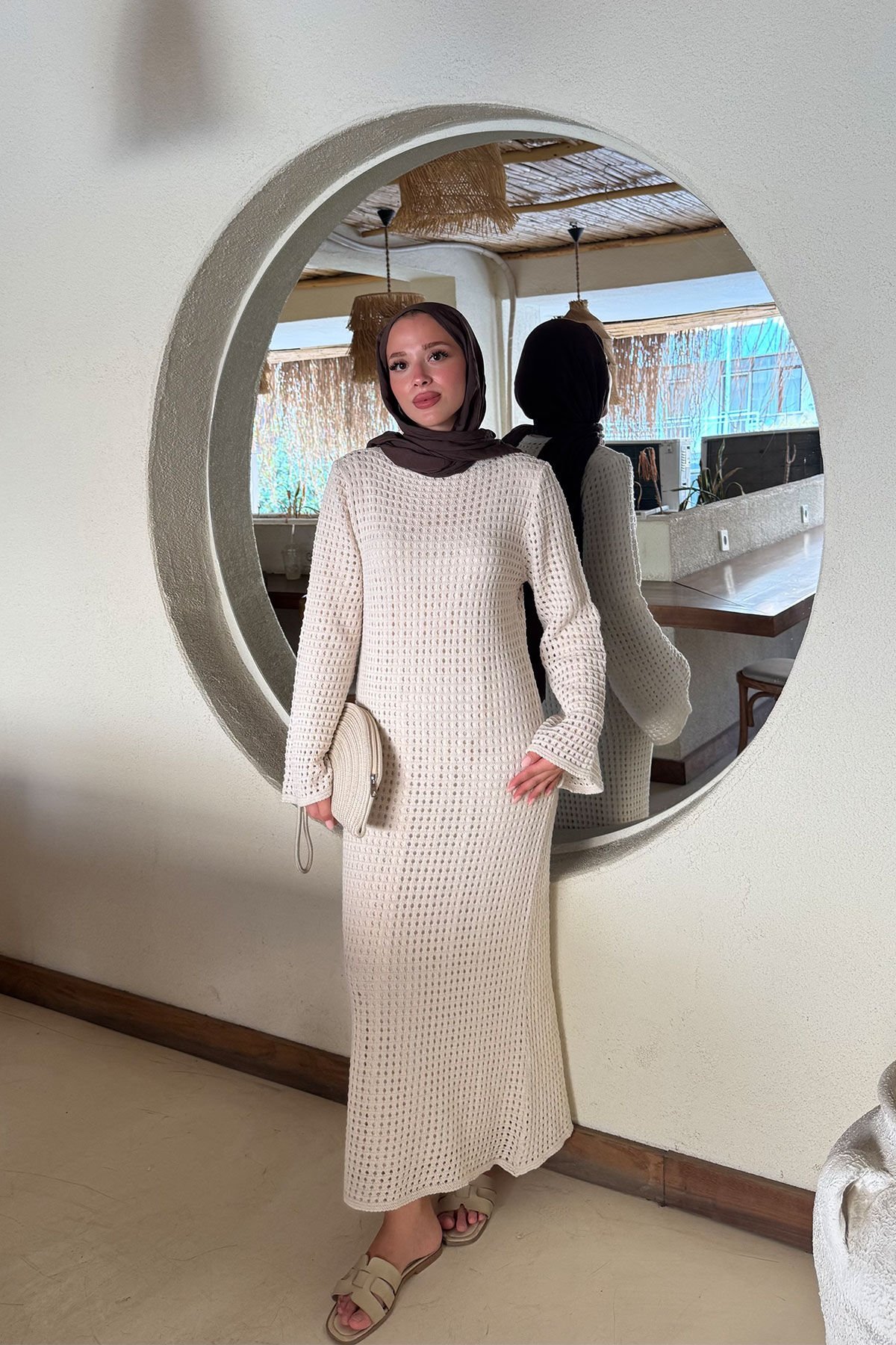 ASTARLI DESENLİ TRIKO ELBİSE 67-2221 - BEJ