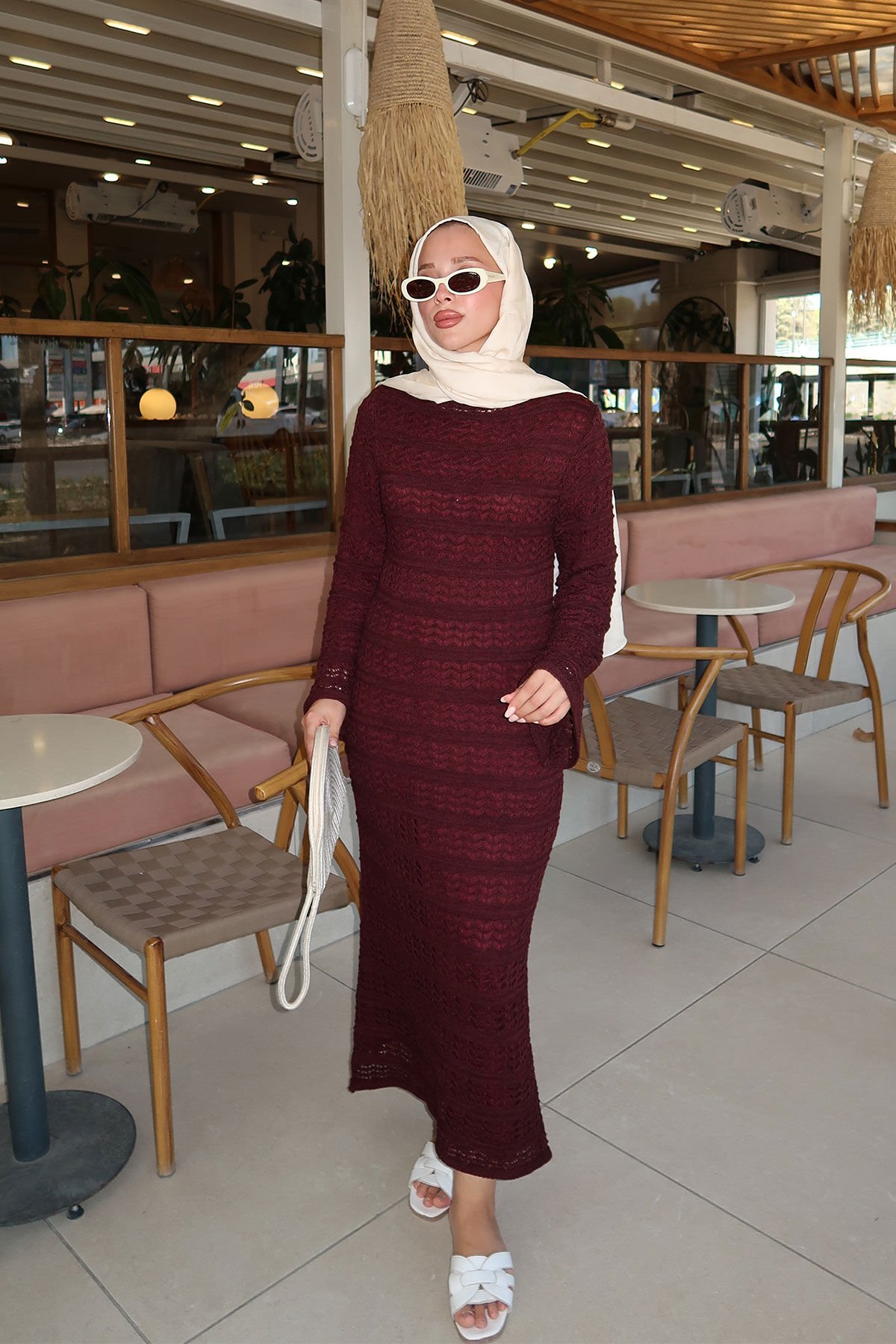 ASTARLI DESENLİ TRIKO ELBİSE 67-2225 - BORDO