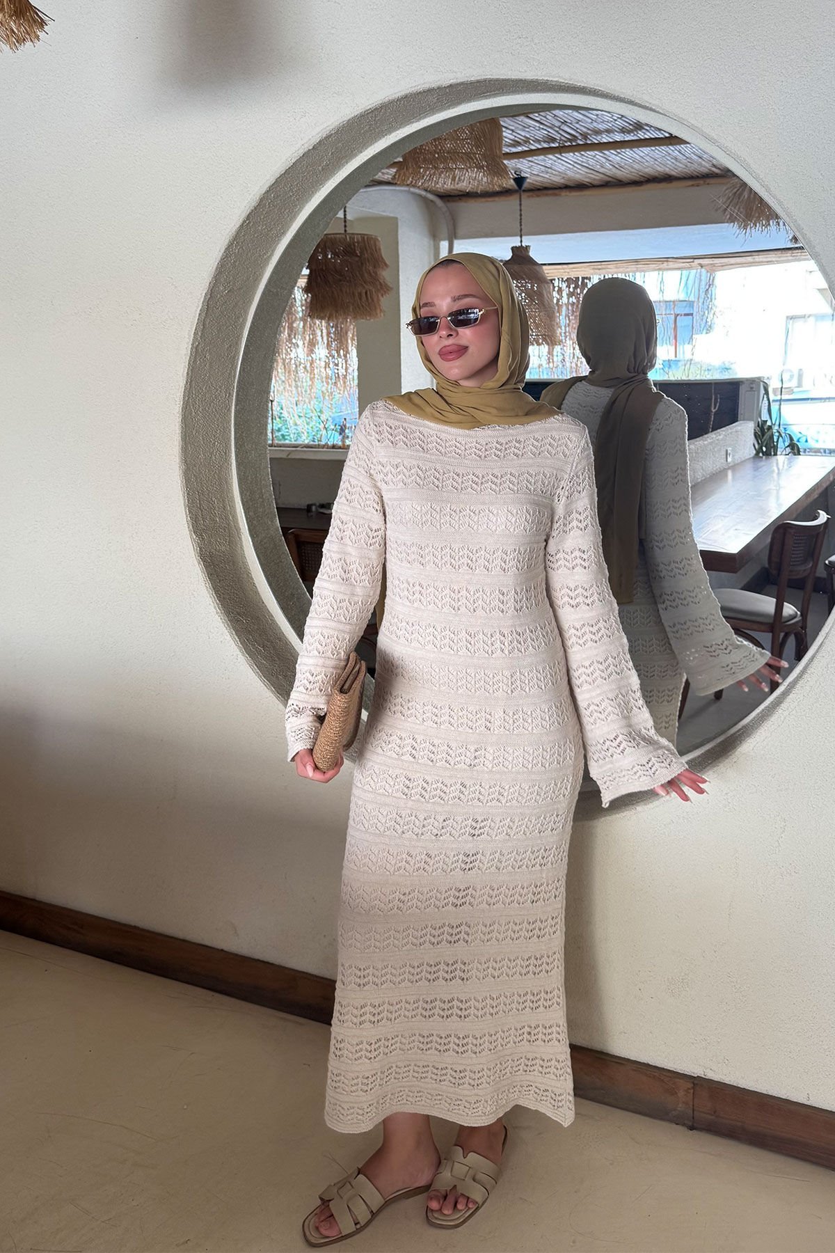 ASTARLI DESENLİ TRIKO ELBİSE 67-2225 - BEJ