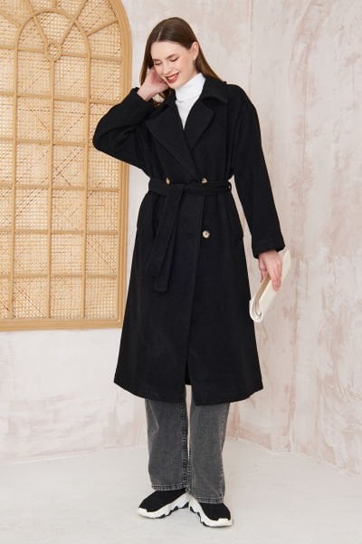 Oversize Astarlı Kaşe Kaban 4-6828 - SİYAH
