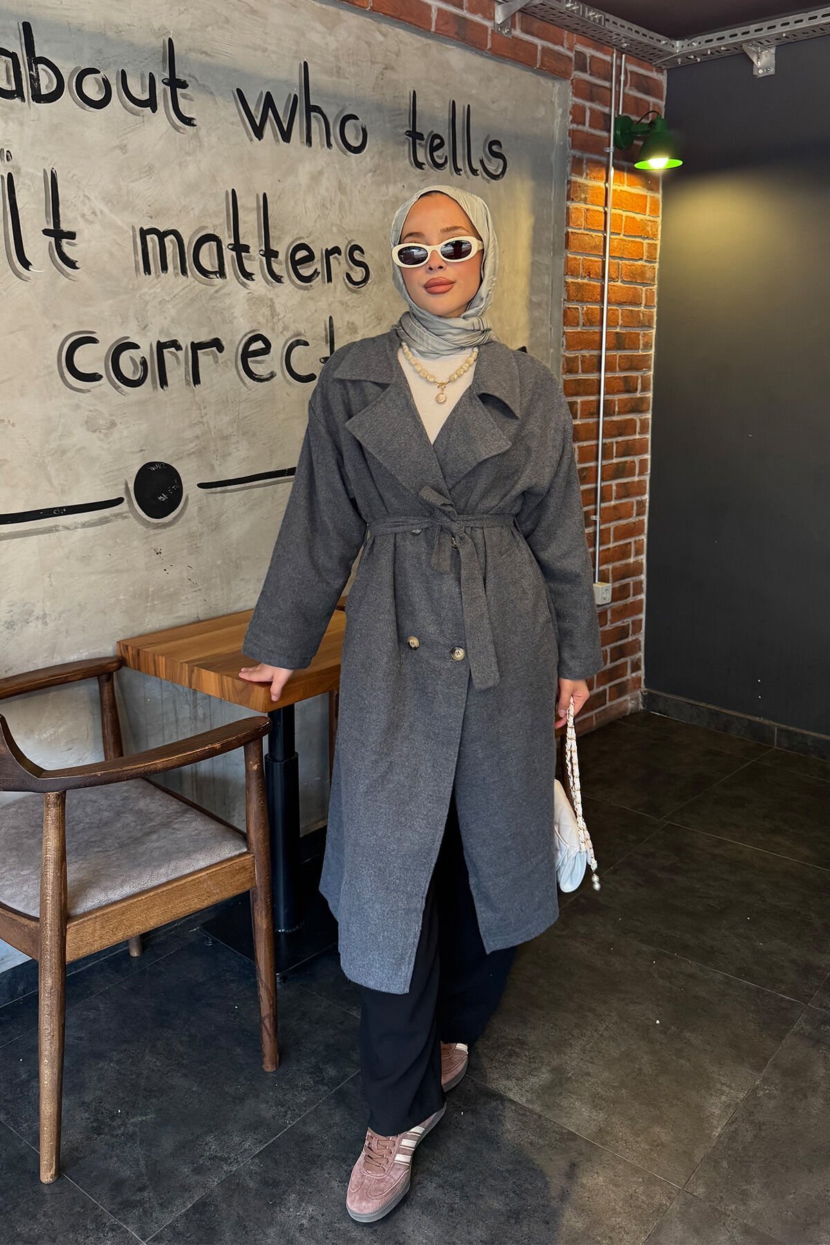 Oversize Astarlı Kaşe Kaban 4-6828 - GRI