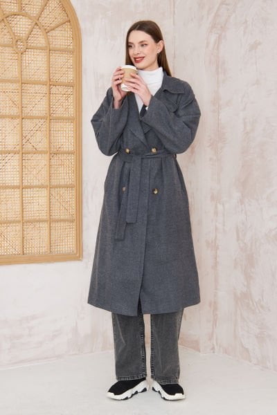 Oversize Astarlı Kaşe Kaban 4-6828 - GRI