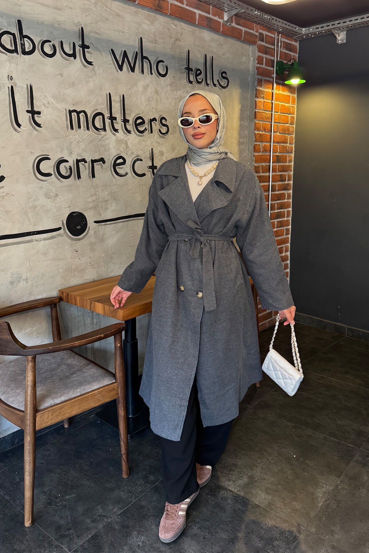 Oversize Astarlı Kaşe Kaban 4-6828 - GRI