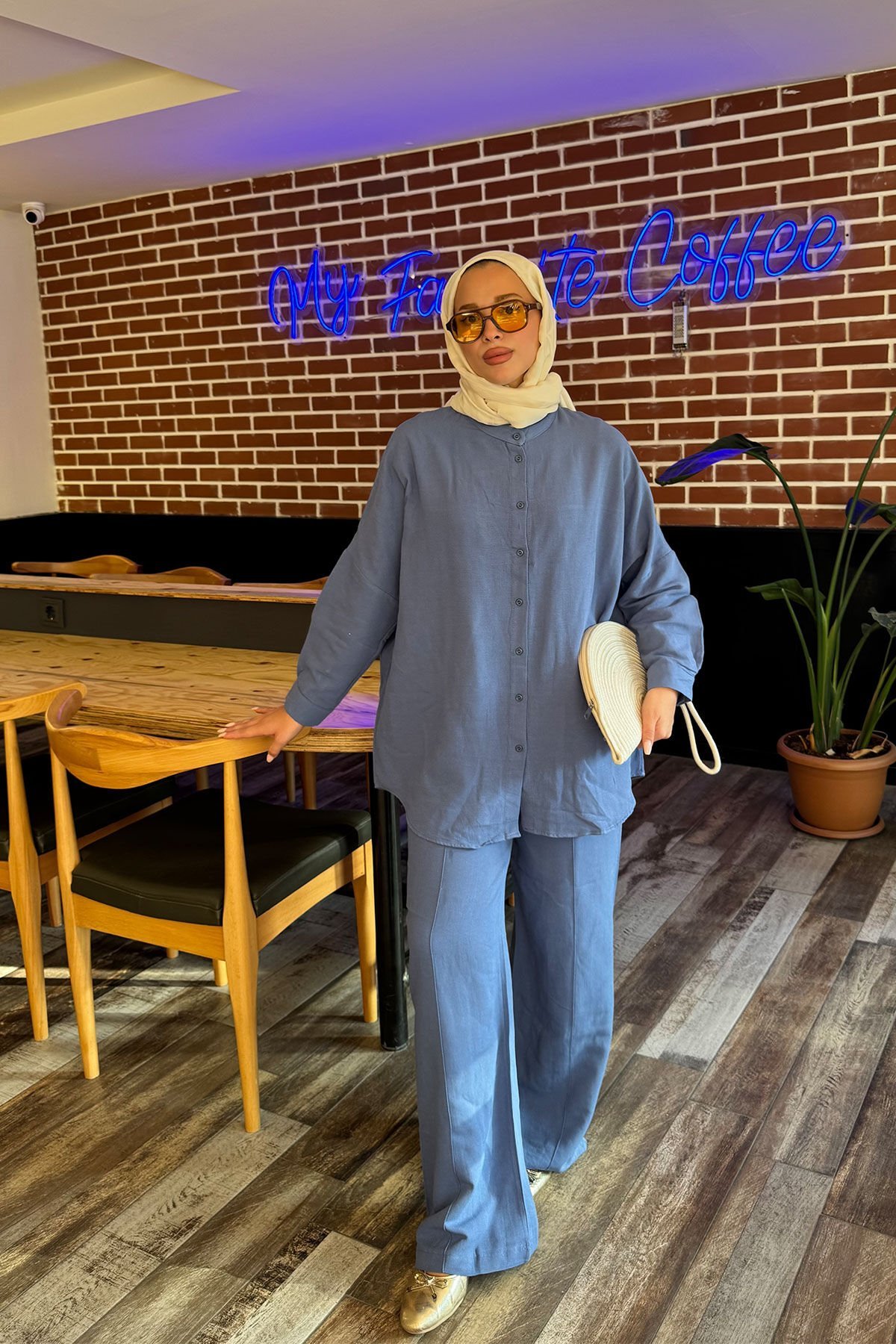 HAKİM YAKA KETEN TAKIM 9-51858 - İNDİGO