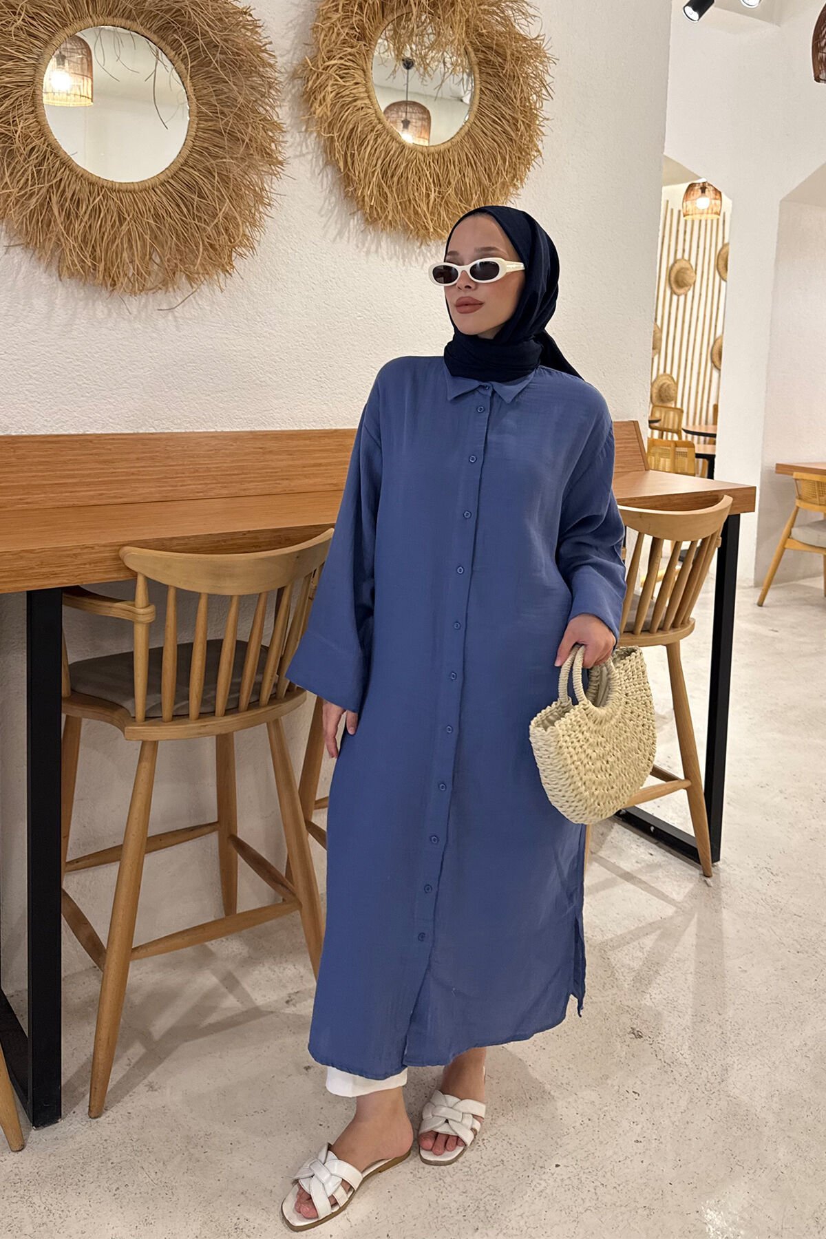 MÜSLİN GÖMLEK ELBİSE 9-51527 -LACİVERT