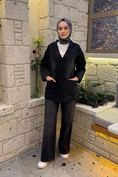 Bağlamalı Kot Takım 62-02793  - SİYAH
