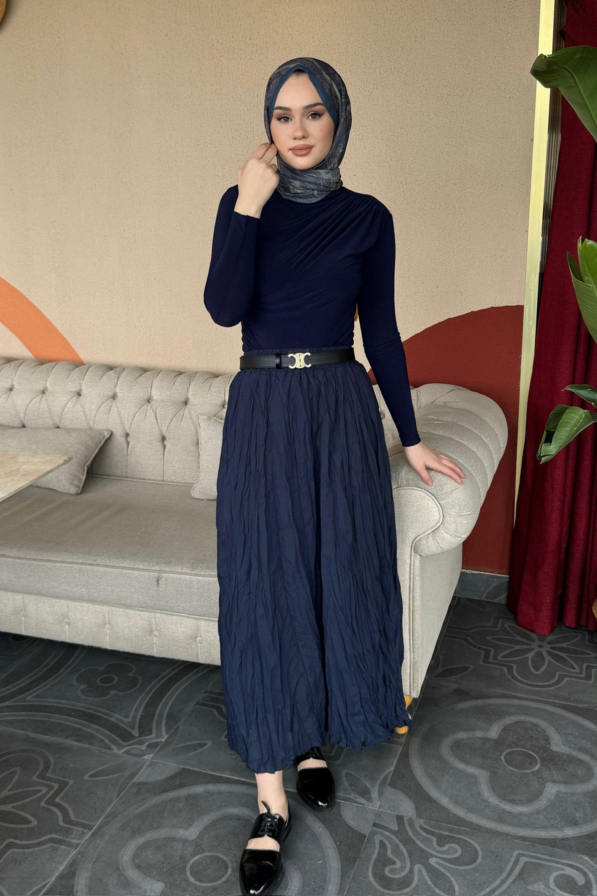 Kırışık Detaylı Etek 31-2237 - LACİVERT