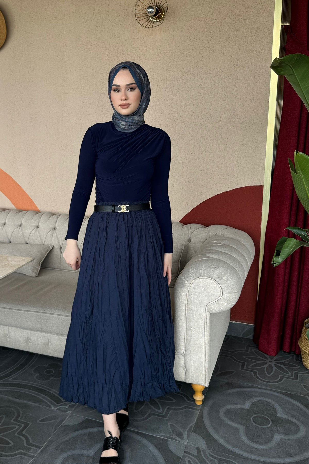 Kırışık Detaylı Etek 31-2237 - LACİVERT