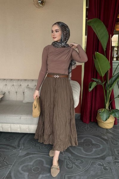Kırışık Detaylı Etek 31-2237 - HAKİ YEŞİL