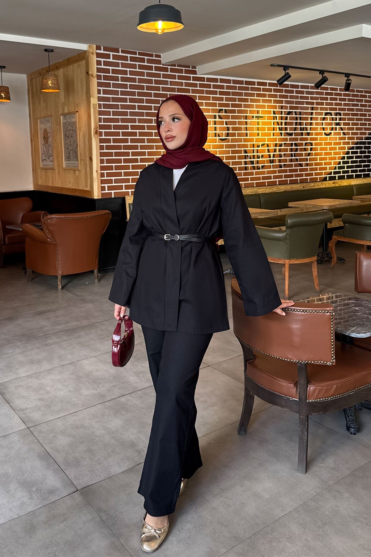 KEMERLİ GABARDİN TAKIM 9-52811 - SİYAH