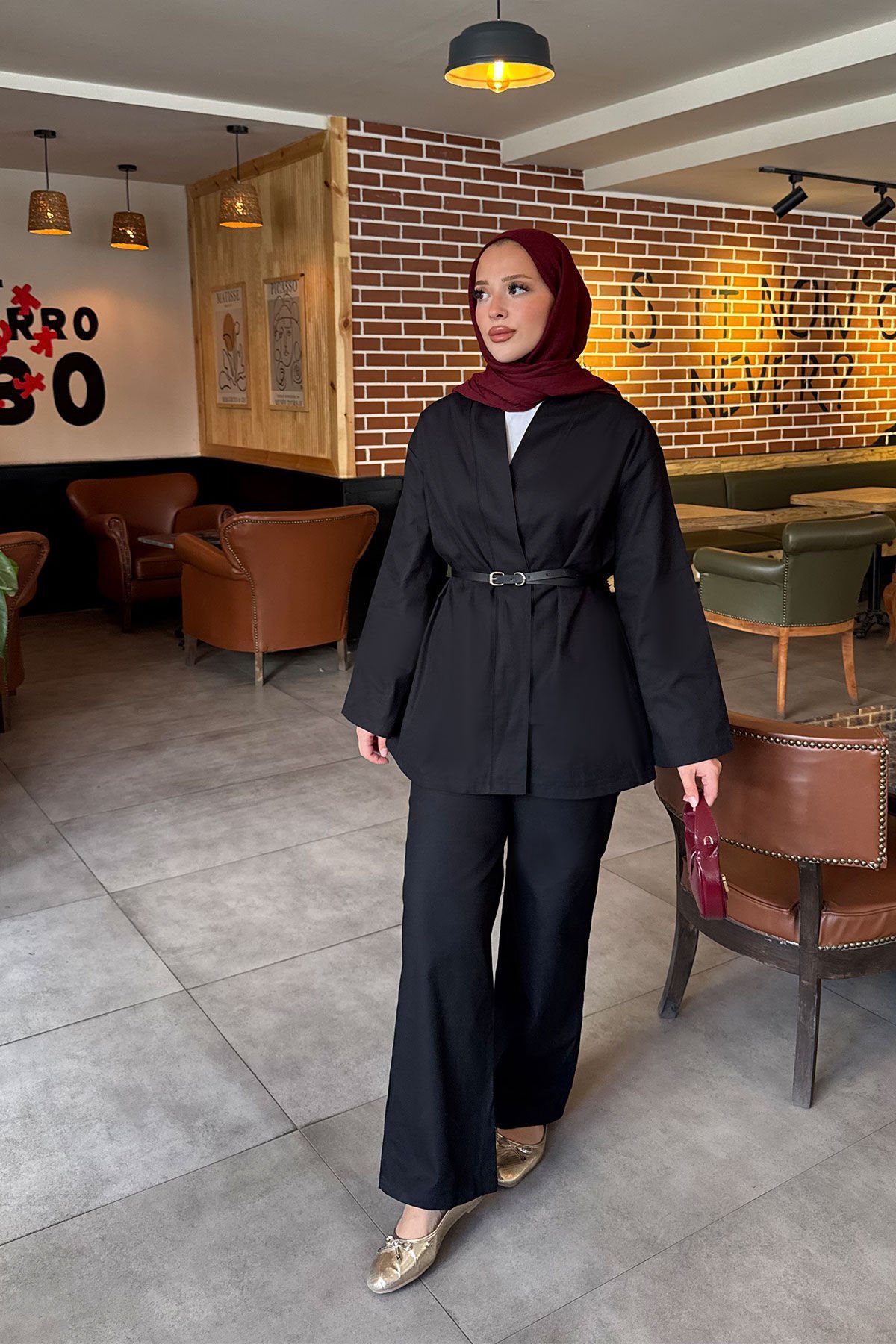 KEMERLİ GABARDİN TAKIM 9-52811 - SİYAH