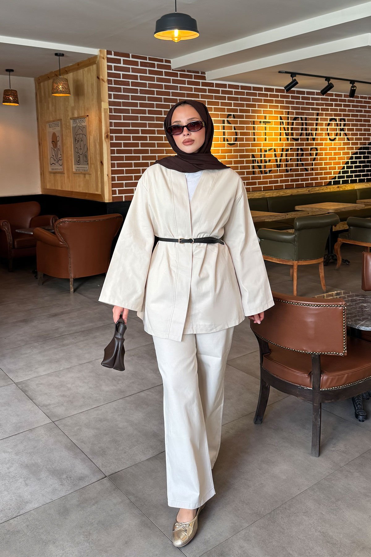 KEMERLİ GABARDİN TAKIM 9-52811 - BEJ