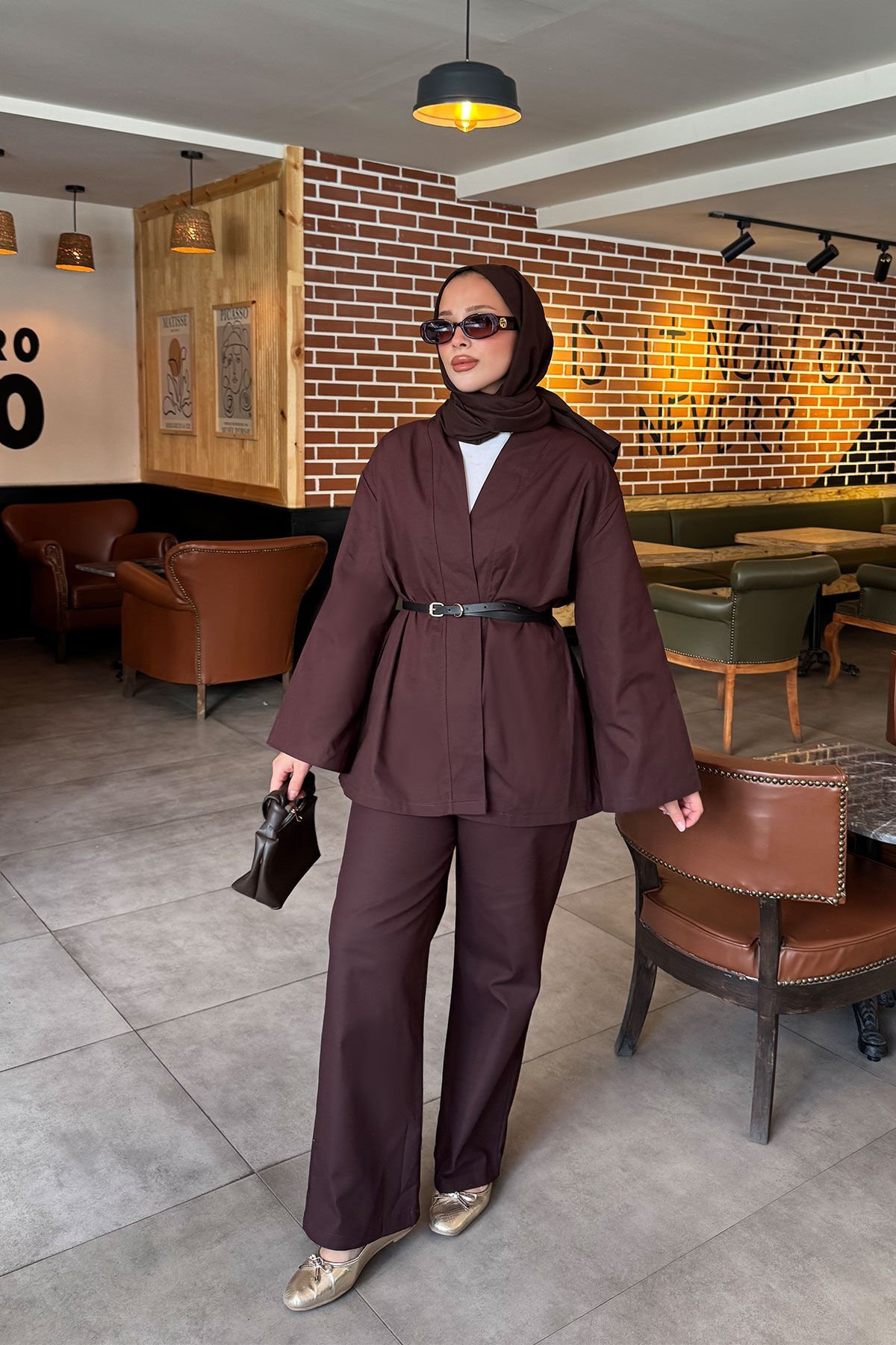 KEMERLİ GABARDİN TAKIM 9-52811 - KAHVERENGİ