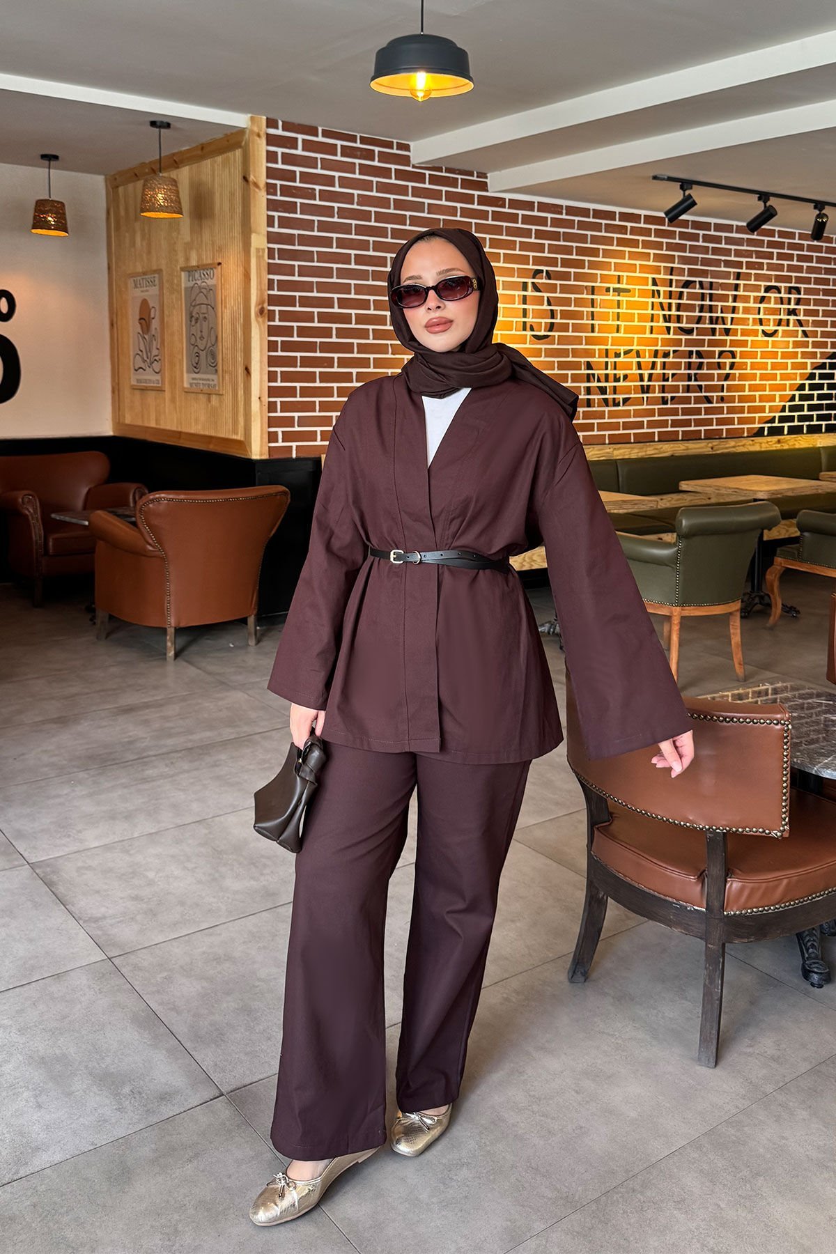 KEMERLİ GABARDİN TAKIM 9-52811 - KAHVERENGİ