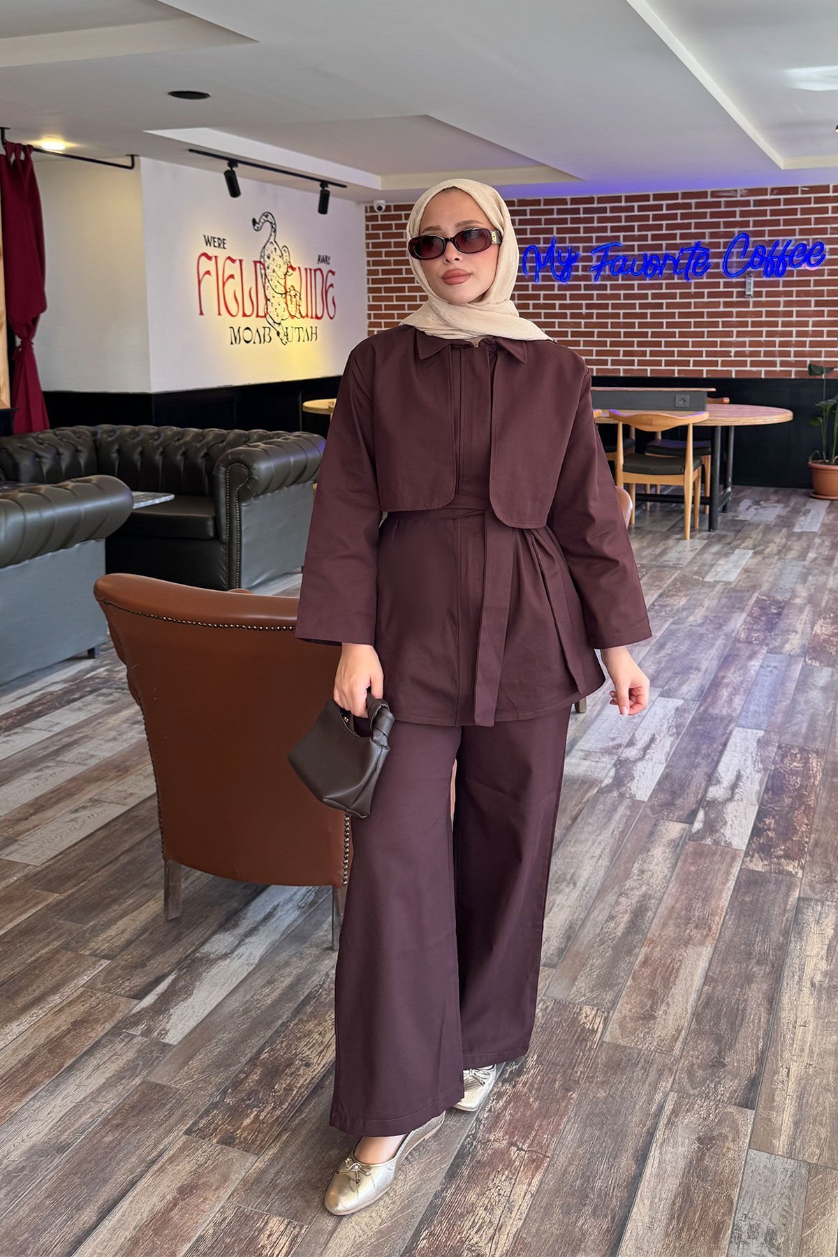 PELERİNLİ GABARDİN TAKIM 9-52812 - KAHVERENGİ