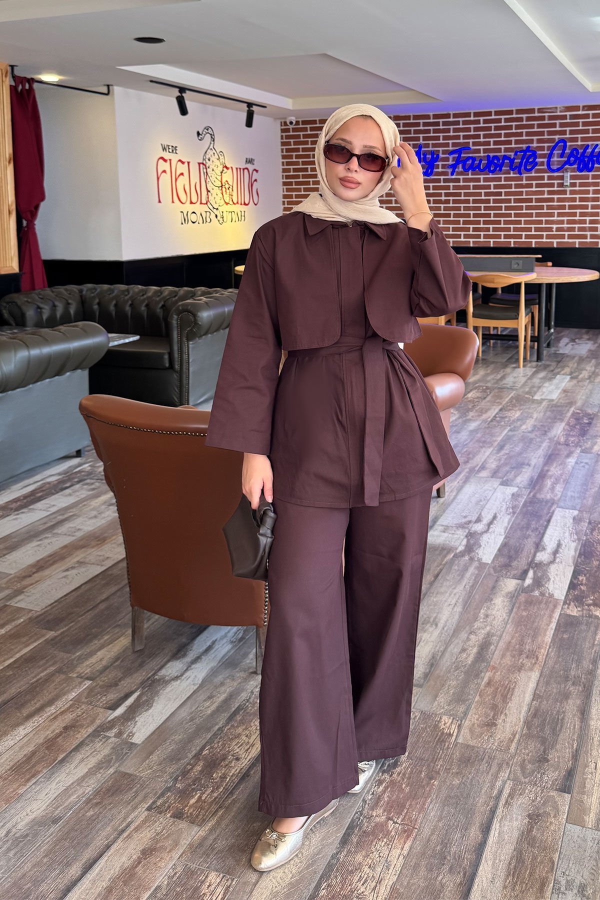 PELERİNLİ GABARDİN TAKIM 9-52812 - KAHVERENGİ