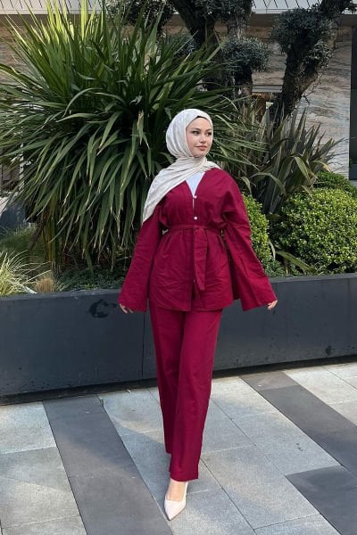KİMONO KEMERLİ TAKIM 9-51818 - BORDO