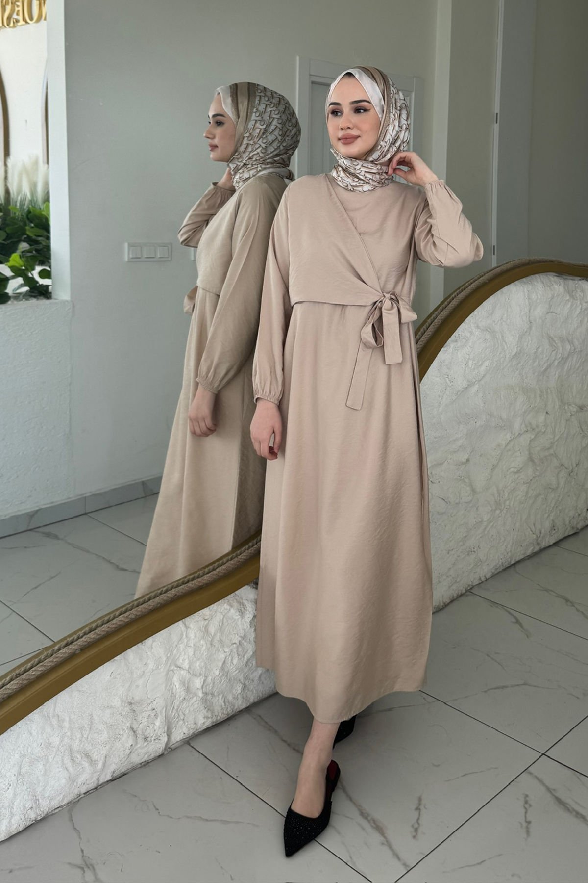 BAĞLAMALI ELBİSE 9-15503 - BEJ