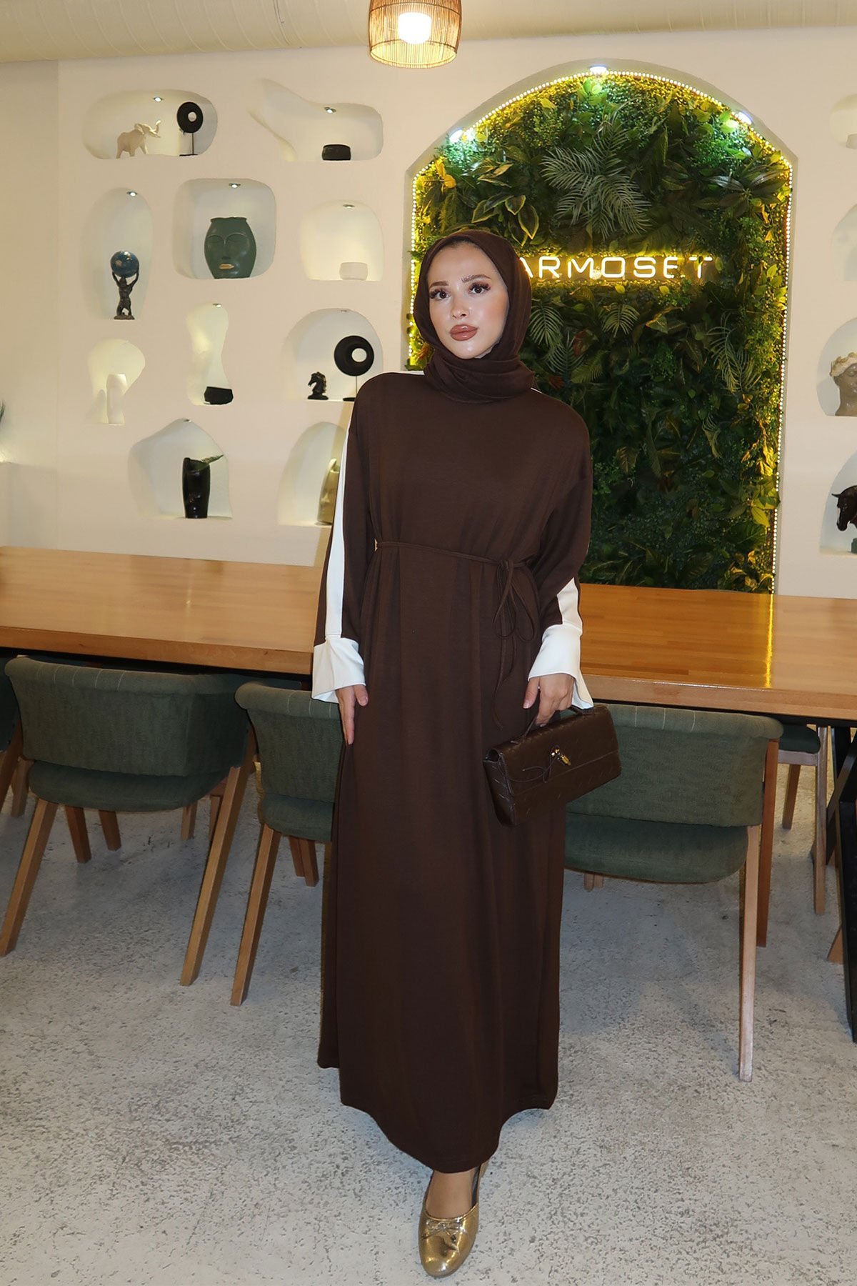 GARNİLİ ELBİSE 9-52507 - KAHVERENGİ