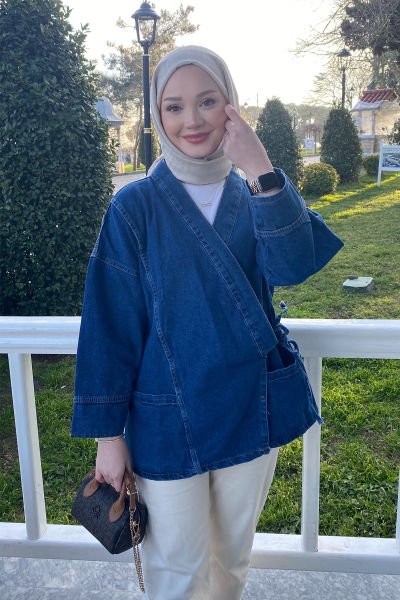 Yandan Baglamalı Kot Ceket 9-51606  - KOYU KOT