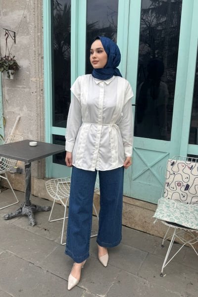 Omuz Detaylı Gömlek 9-15311- BEYAZ