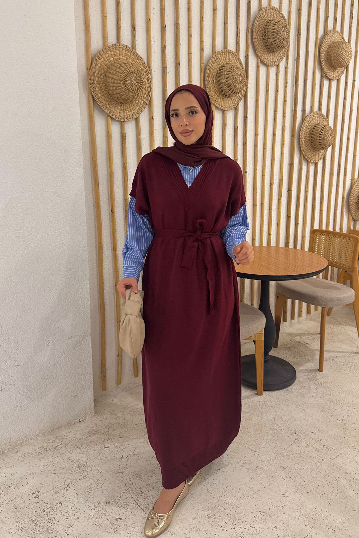 Gömlek Detay Trıko Elbise 9-24001 - BORDO