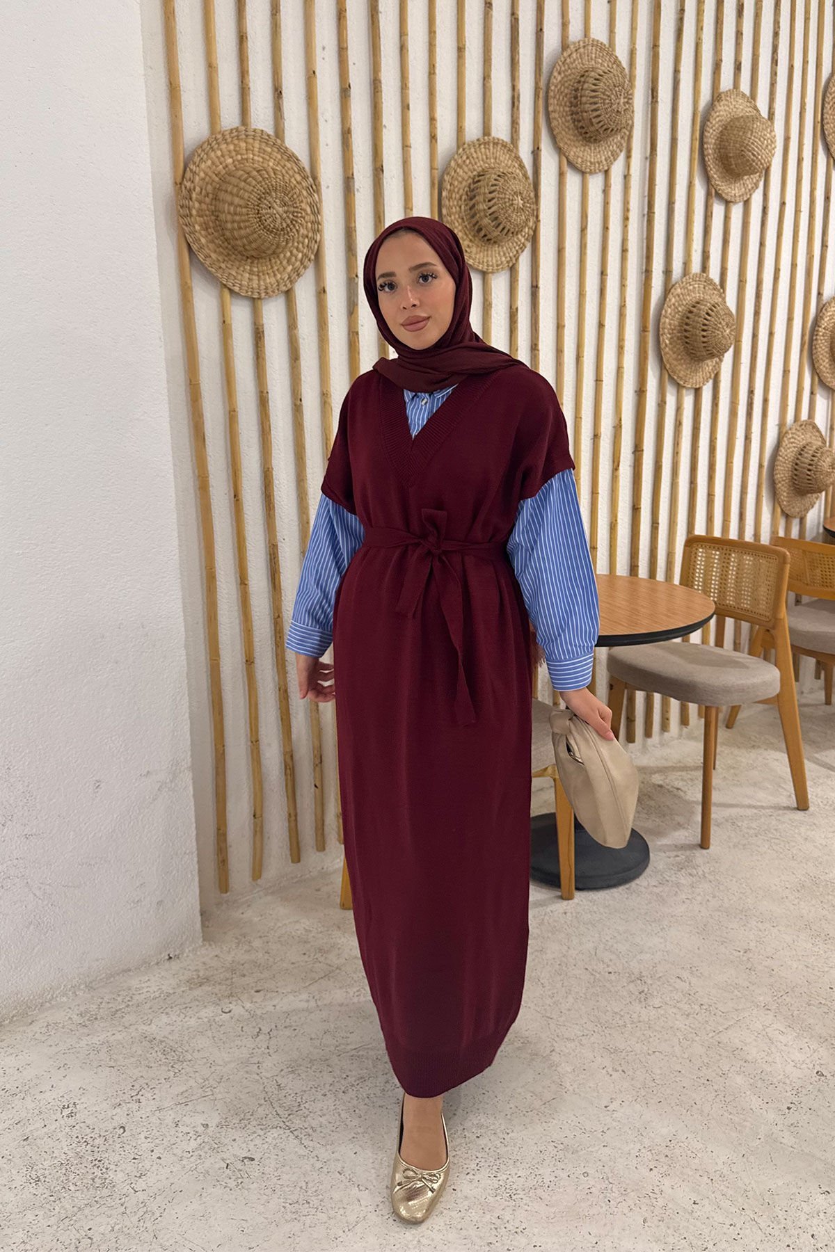 Gömlek Detay Trıko Elbise 9-24001 - BORDO