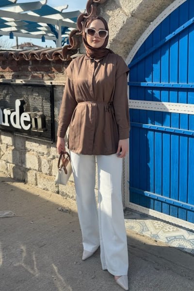 Omuz Detaylı Gömlek 9-15311- KAHVERENGİ