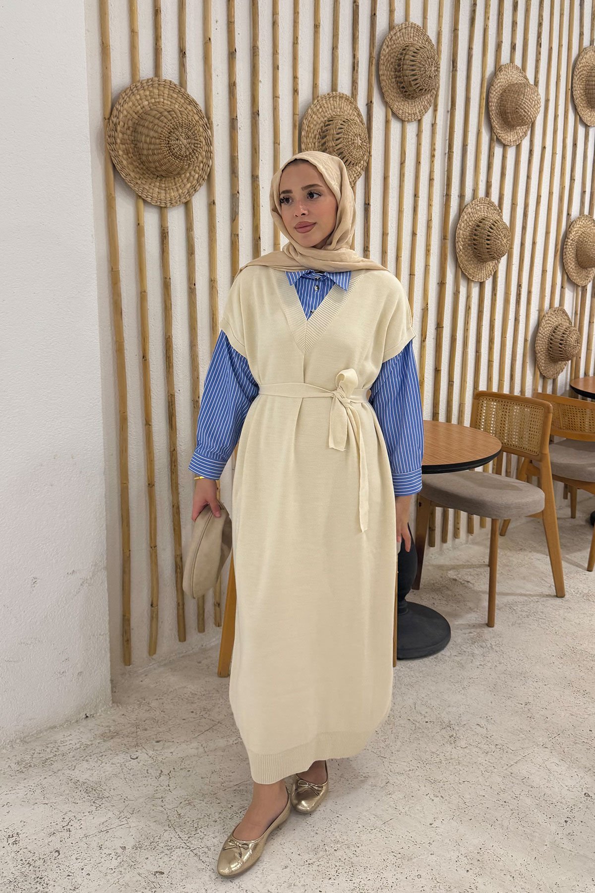 Gömlek Detay Trıko Elbise 9-24001 - BEJ