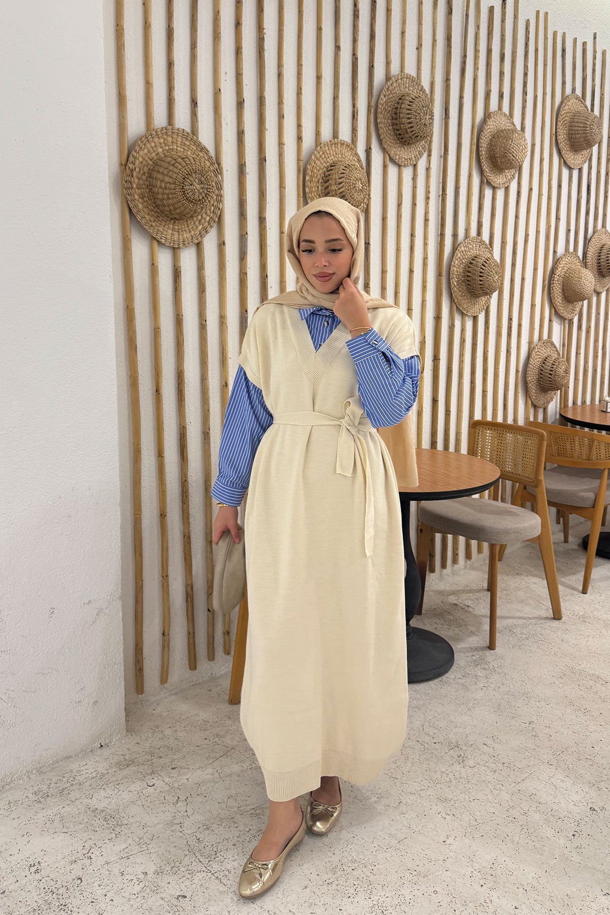 Gömlek Detay Trıko Elbise 9-24001 - BEJ