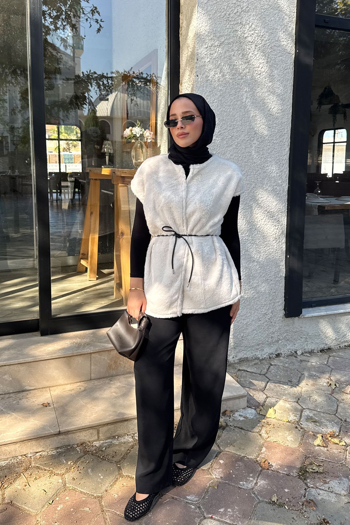 KEMERLİ KÜRK YELEK 9-52601 - EKRU