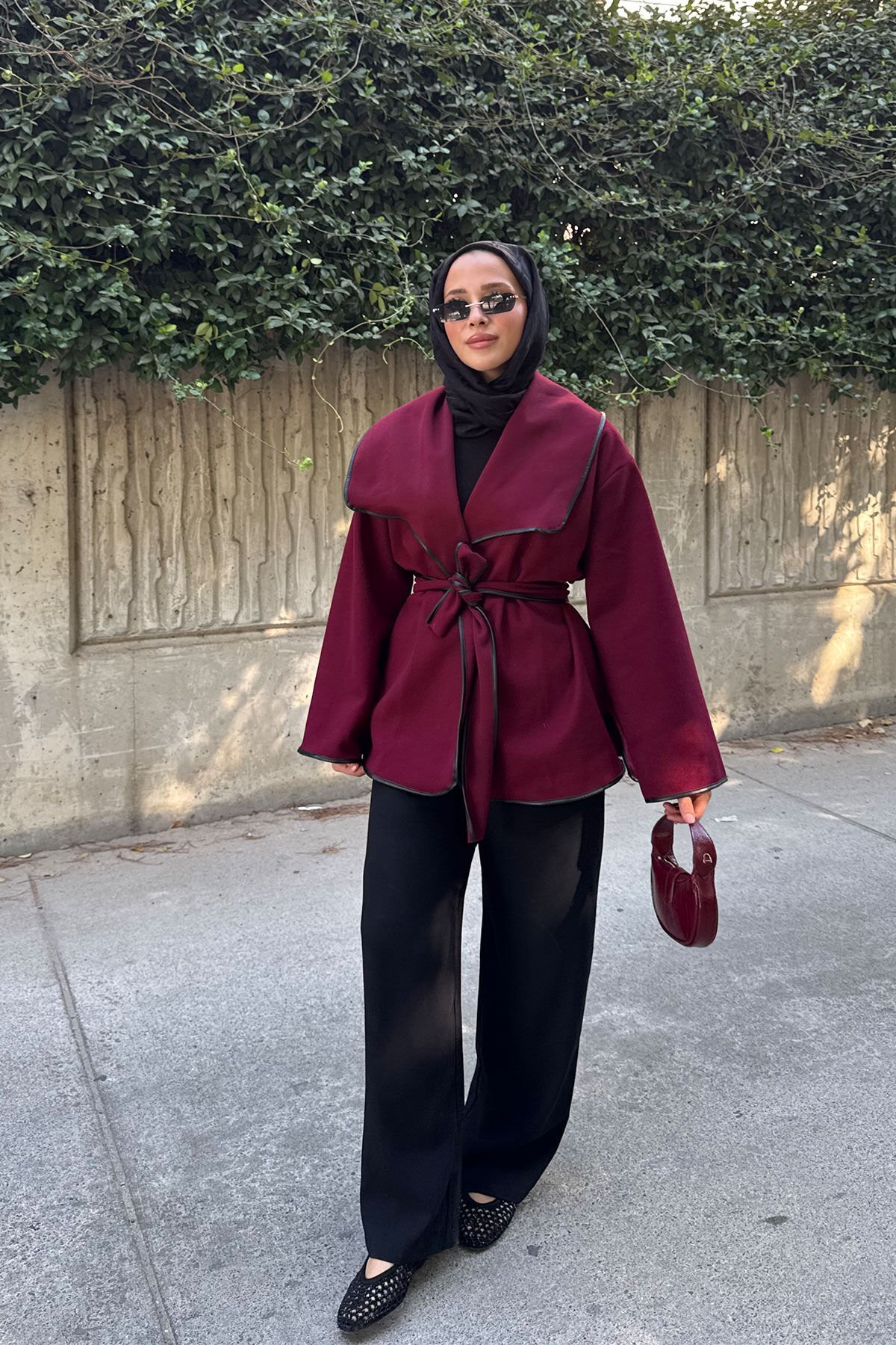 DERİ BİYELİ CEKET 9-52608  - BORDO