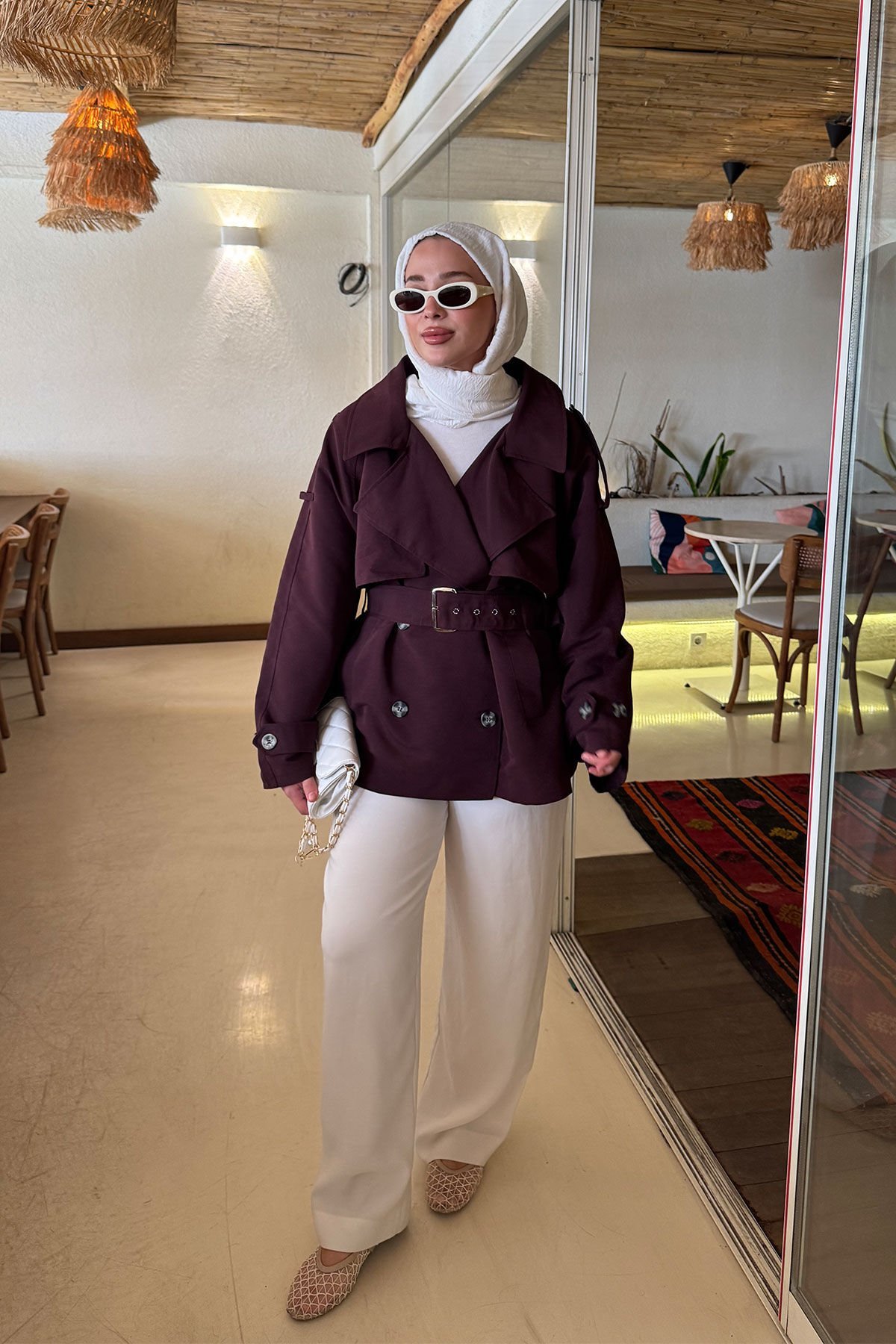 PELERİNLİ ASTARLI TRENÇKOT 31-4010 - BORDO