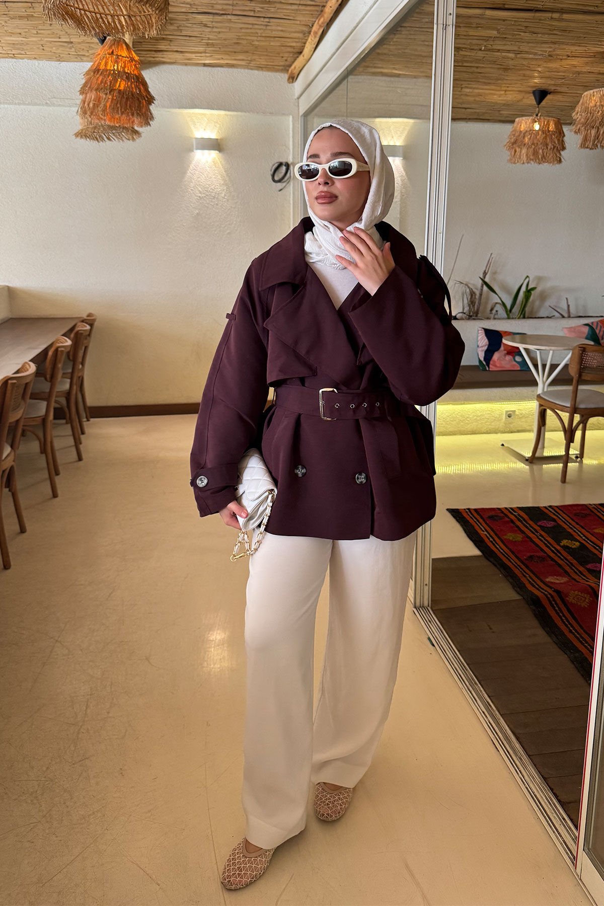 PELERİNLİ ASTARLI TRENÇKOT 31-4010 - BORDO