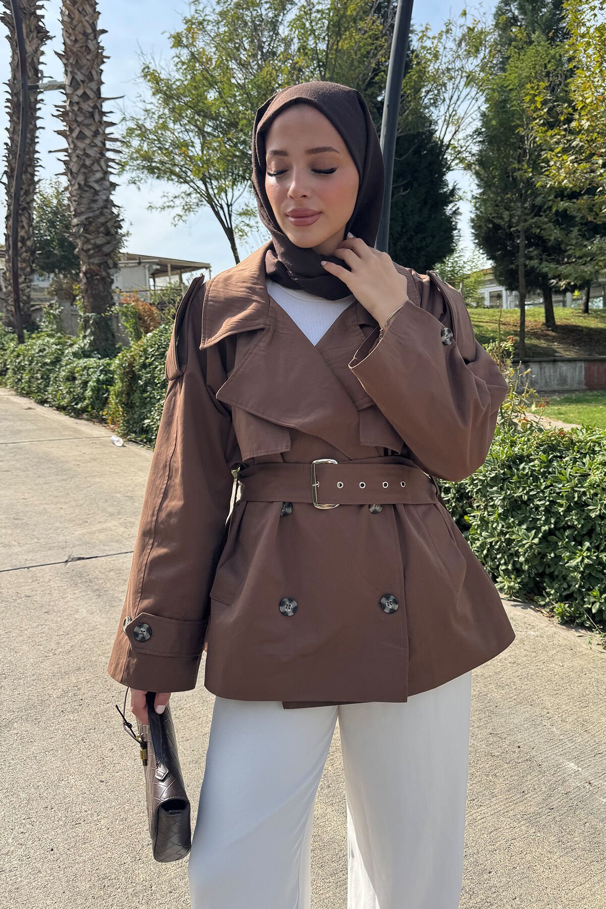 PELERİNLİ ASTARLI TRENÇKOT 31-4010 - TABA